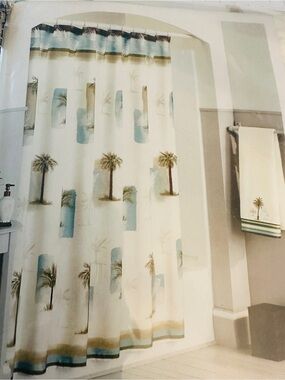 NWT Tropical Palm Isle Shower Curtain in Cream Brown and Blue